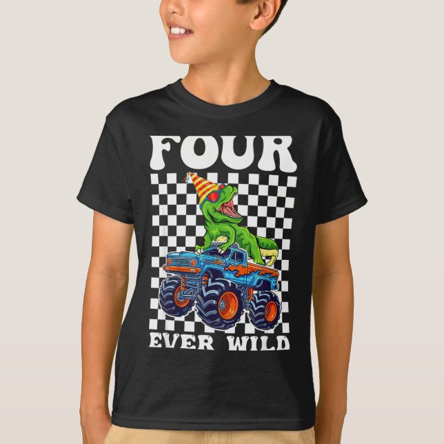 Kids Four Ever Wild Dinosaur Monster Truck 4th Bir T-Shirt (Front)