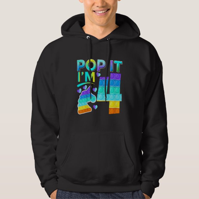 Kids Four Pop It I'm 4 Cute Unicorn Birthday Fidge Hoodie (Front)
