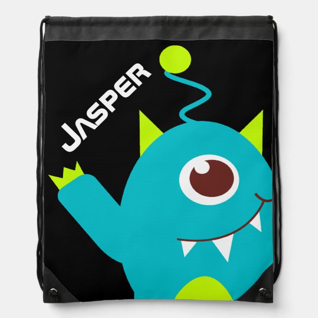 Kids friendly alien teal green name drawstring bag (Front)