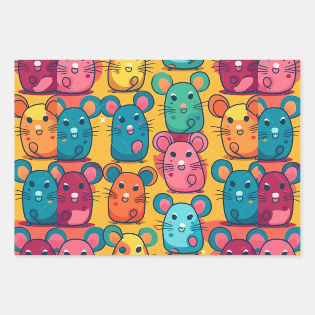 Kids-Friendly Bright & Charming Rats Wrapping Paper Sheets (Front)