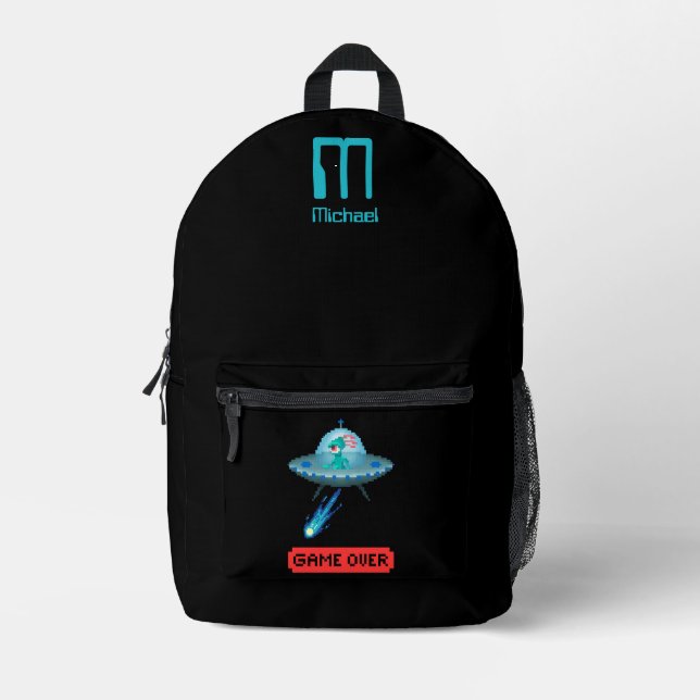 Kids Fun Alien Flying UFO Spaceship Pixel Art Printed Backpack (Front)