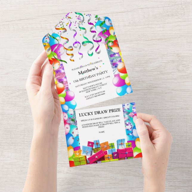 Kids fun balloon streamers party celebration  all in one invitation (Tearaway)