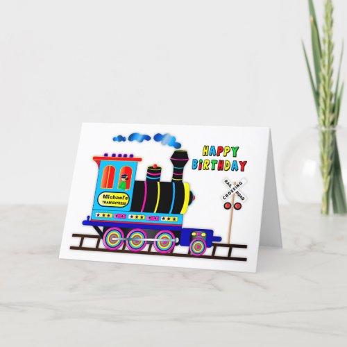 Kids Fun Birthday Train and Engineer Name Inserts Card