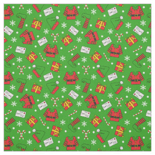 Kids Fun Green and Red Christmas Elf Patterned Fabric