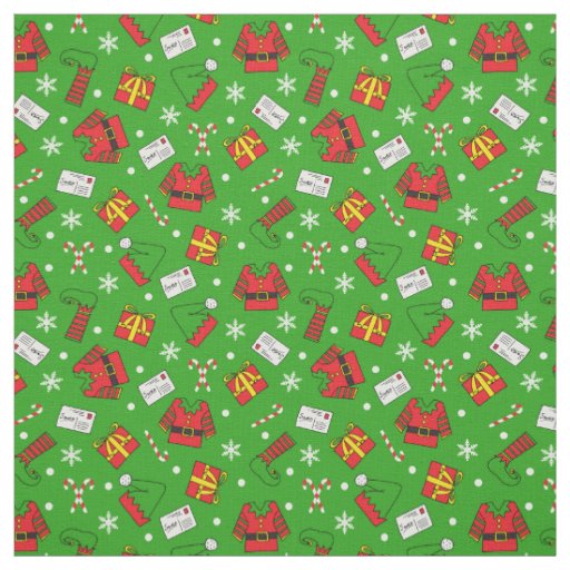 Kids Fun Green and Red Christmas Elf Patterned Fabric