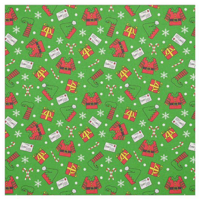 Kids Fun Green and Red Christmas Elf Patterned Fabric (Swatch)