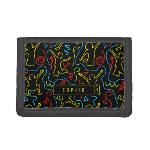 Kids Fun Jump Play Outline Neon Black Kids Name Tri-fold Wallet