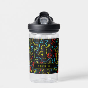 Kids Fun Jump Play Outline Neon Black School Water Bottle