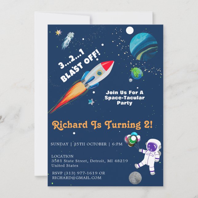 Kids Fun Space-Tacular Astronaut Birthday Party Invitation (Front)