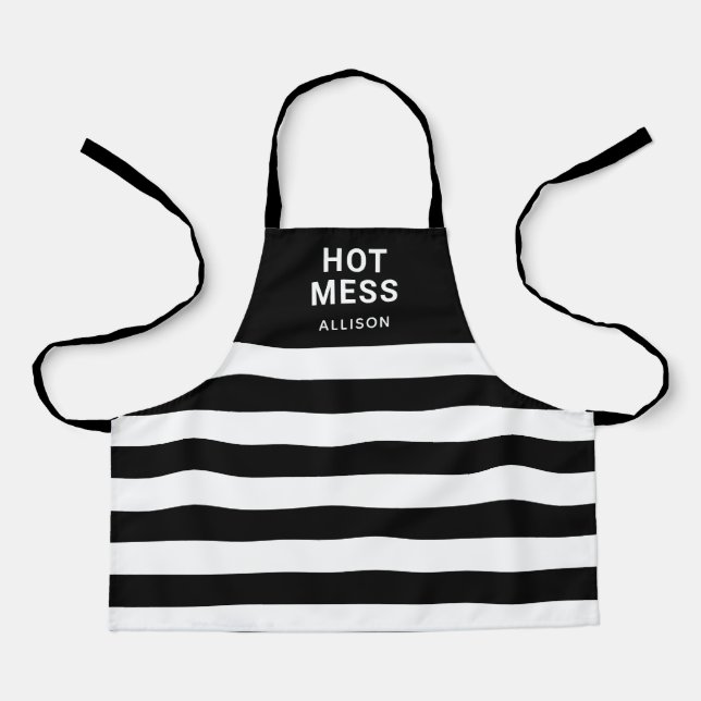 Kids Funny Hot Mess Black Stripes Personalized Apron (Front)