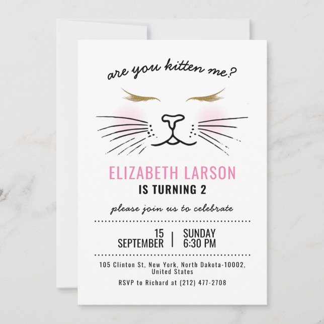 Kids Funny Kitty Kitten Face Birthday Party Invitation (Front)