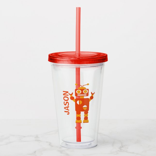 Kids Funny Orange Robot Personalized Boys Acrylic Tumbler (Front)