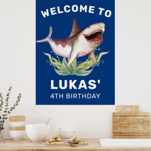 Kids Funny Shark Blue Birthday Party Welcome Poster