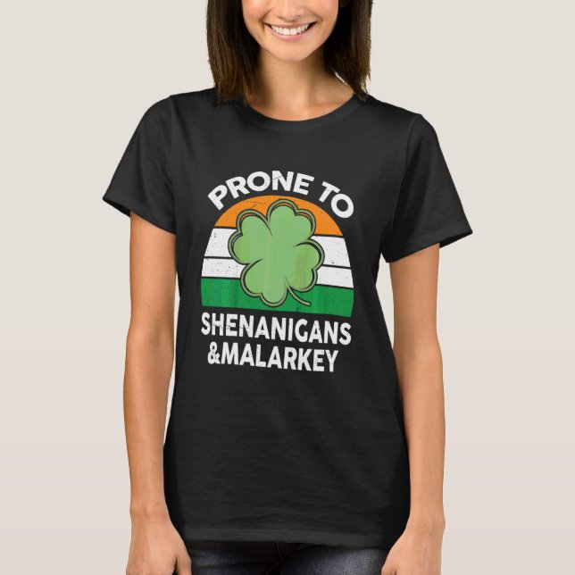 Kids Funny St Patricks Day  Prone To Shenanigans A T-Shirt (Front)