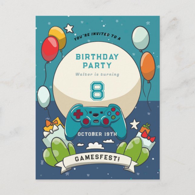 Kids gamesfest birthday invitation postcard (Front)