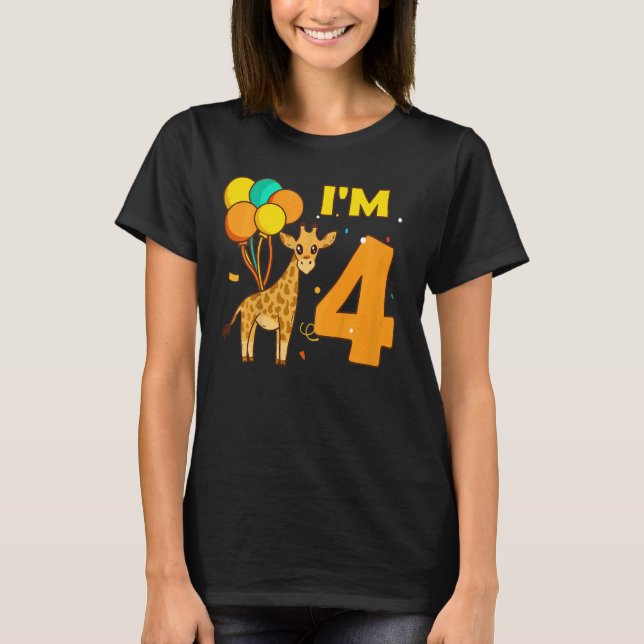 Kids Giraffe Animals Animal Love Girl I Am 4 Years T-Shirt (Front)