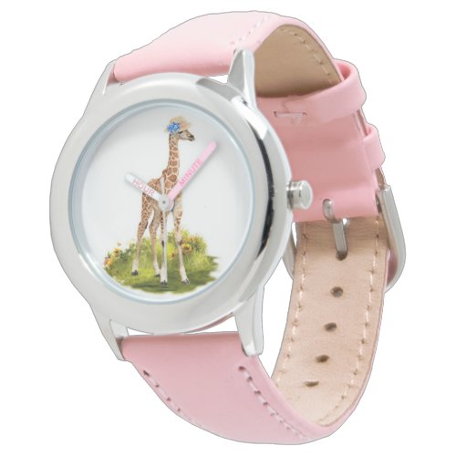 Kids Giraffe in Blue Flower Hat Pink Watch