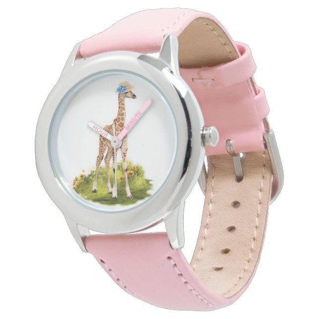 Kids Giraffe in Blue Flower Hat Pink Watch (Angled)