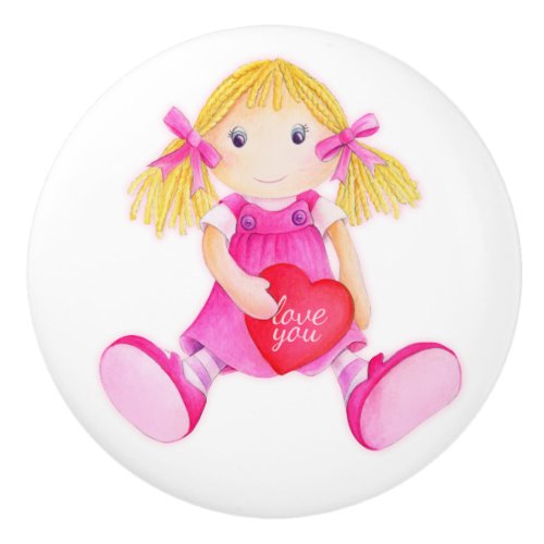 Kids girl rag doll watercolor art knob handle