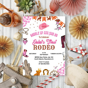 Kids Girl Rounded First Rodeo 1st Party Birthday Invitation