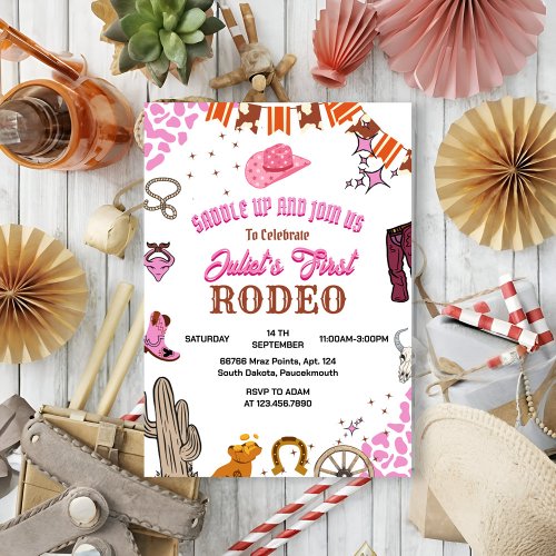 Kids Girl Rounded First Rodeo 1st Party Birthday Invitation