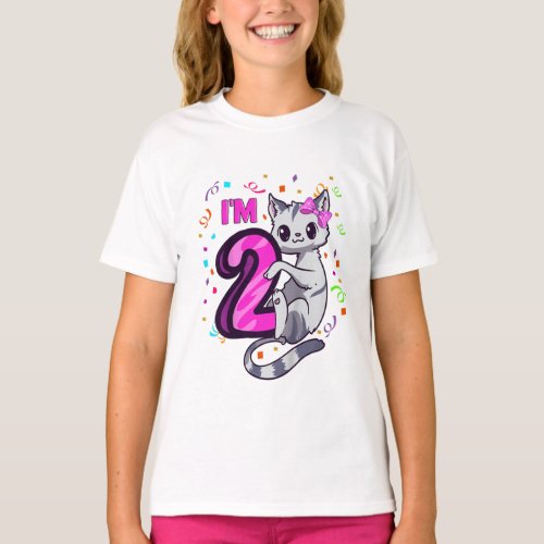 Kids Girls 2nd Birthday Outfit Im 2 Years Old Cat T_Shirt