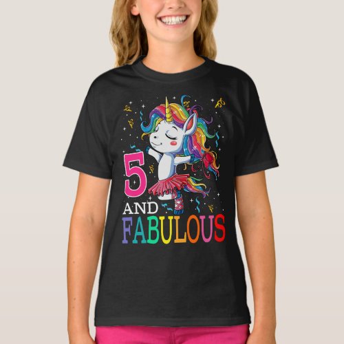 Kids Girls 5th Birthday Unicorn Fabulous 5 Years O T_Shirt