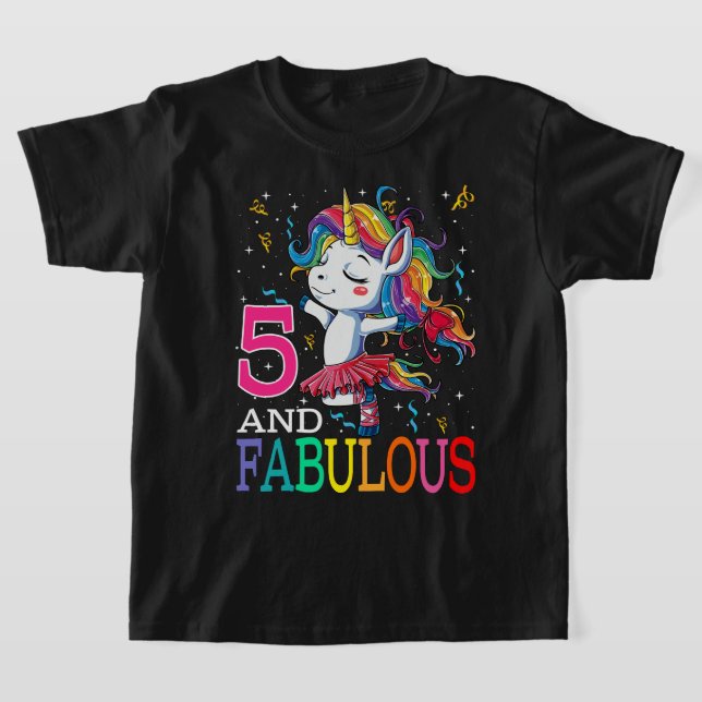 Kids Girls 5th Birthday Unicorn Fabulous 5 Years O T-Shirt (Laydown)