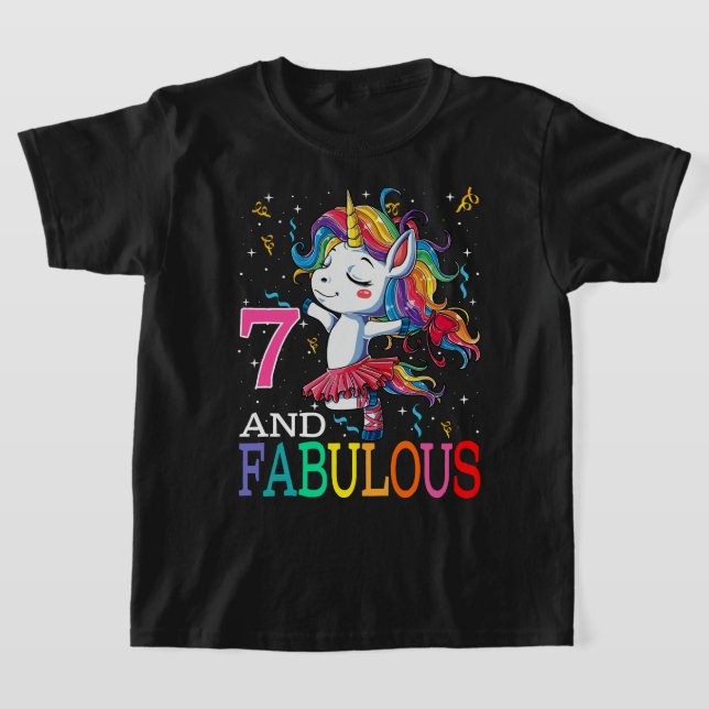 Kids Girls 7h Birthday Unicorn Fabulous 7 Years Ol T-Shirt (Laydown)