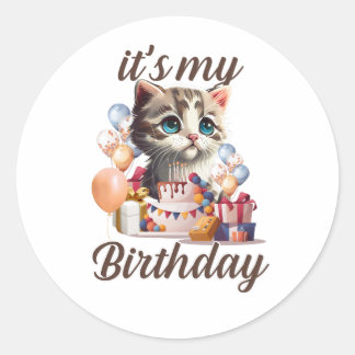 Kids Girls Birthday Outfit Cat Classic Round Sticker