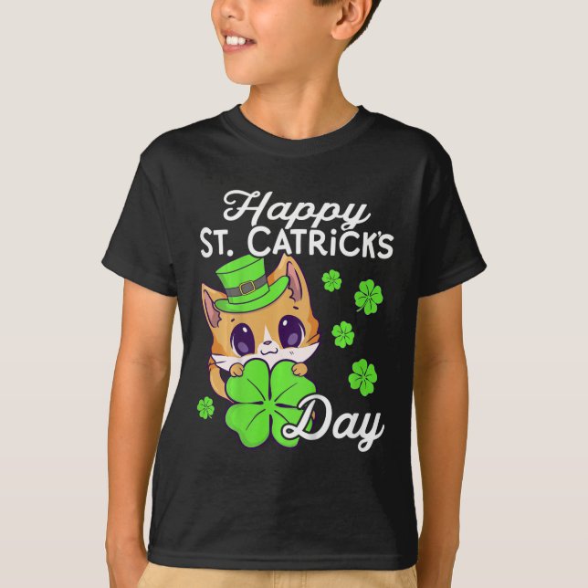 Kids Girls Cat St Patricks Day Happy St Catricks D T-Shirt (Front)