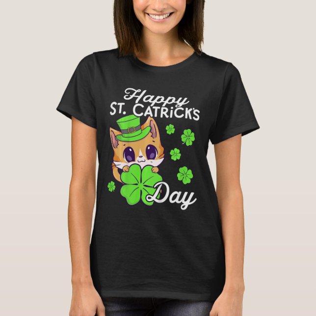 Kids Girls Cat St Patricks Day Happy St Catricks D T-Shirt (Front)