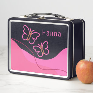 Kids Girls Cute Pink Butterflies Modern School Metal Lunch Box