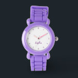 Kids Girls Modern Cute Purple Custom Name Monogram Watch<br><div class="desc">Custom, personalized, kids girls cute fun pretty chic cool girly purple silicone strap, plastic case, wrist watch. Simply type in the name, to customize. Go ahead create a wonderful, custom watch for the lil princess in your life - daughter, sister, niece, grandaughter, goddaughter, stepdaughter. Makes a great custom gift for...</div>
