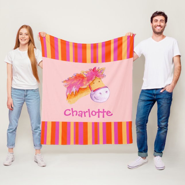 Kids girls named pony coral orange bright stripes fleece blanket (In Situ)