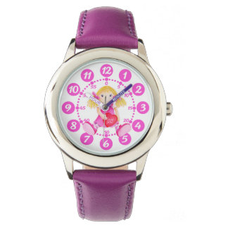 Kids girls pink, red & white doll art wrist watch