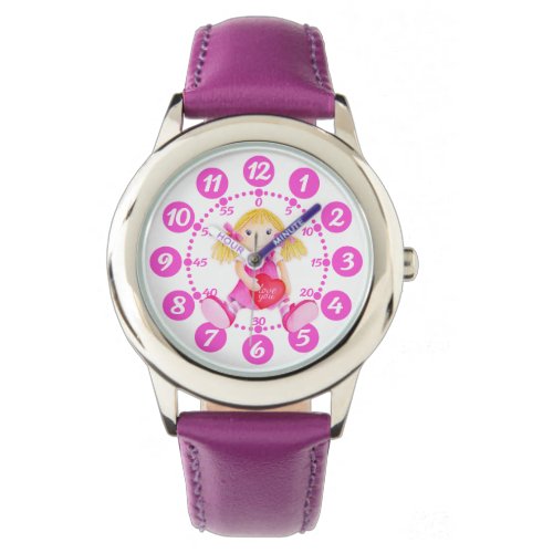 Kids girls pink red  white doll art wrist watch