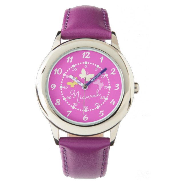 Kids girls pink three butterflies and name watch (Front)