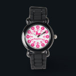 Kids girls pink & white add your name wrist watch<br><div class="desc">Graphic art kids watch featuring a simple pink butterfly on a white background. Great for school age girls learning to read a clock as features both minutes and hours numbers in clear bold pink. Customize with your child's name example reads Sapphire.</div>