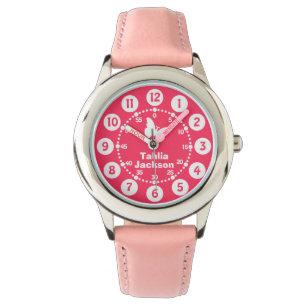 Kids girls pink & white full name wrist watch