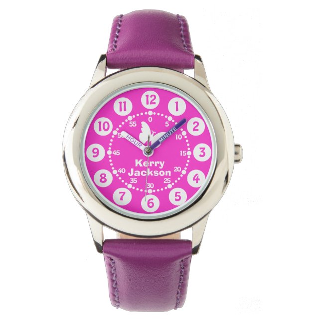 Kids girls pink & white full name wrist watch (Front)