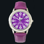 Kids girls purple & white full name wrist watch<br><div class="desc">Graphic art kids watch featuring a simple white butterfly. Great for kids learning to read as features both minutes and hours. Customise with your child's name full name example reads Katie Jackson.</div>