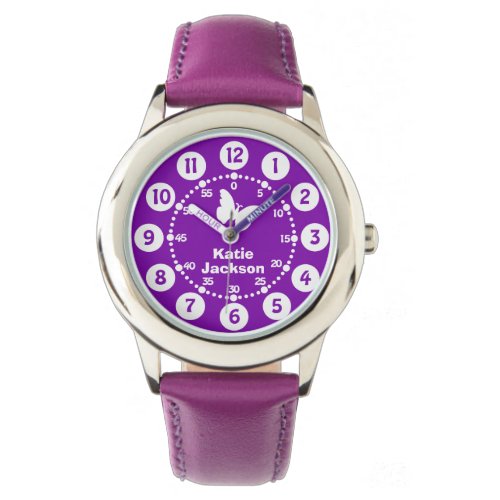Kids girls purple & white full name wrist watch