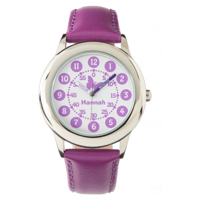 Kids girls purple & white personalized wrist watch (Front)