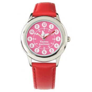 Kids Girls Red Pink & White Full Name Wrist Watch by Mylittleeden at Zazzle