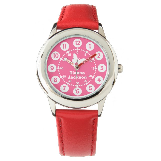 Kids girls red pink & white full name wrist watch (Front)