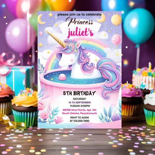 kids girly cute purple pink unicorn 1st birthday invitation