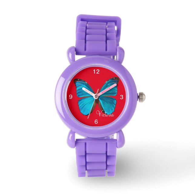 Kids Glitter Strap Cute Blue Butterfly Watch (Front)