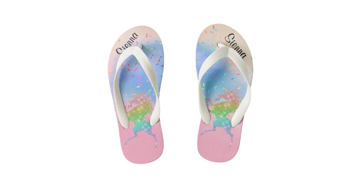 Kids Glitter Unicorn Personalized Flip flops | Zazzle