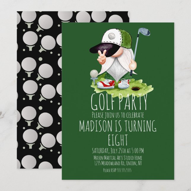 Kids Golf Balls Gnome Birthday Party  Invitation (Front/Back)